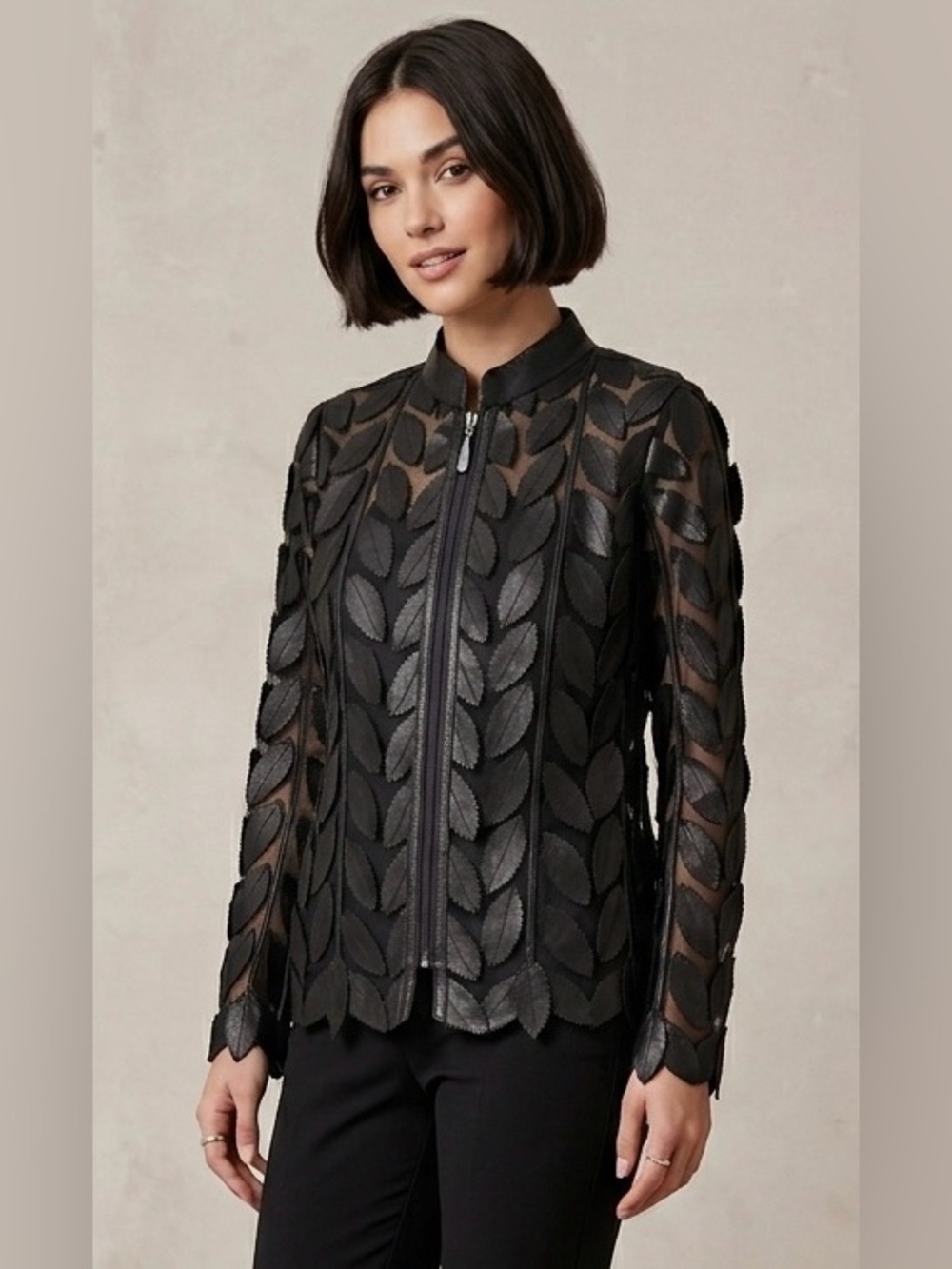 Genuine Leather Leaf Appliqué Mesh Zip Up Jacket Black Size Small